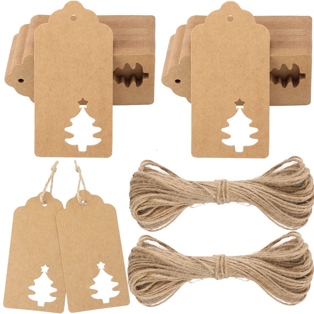 100 Pcs Kraft Paper Hollow Christmas Tree Gift Tags with String Christmas Wrapping Tags Blank Brown Gift Tag Vintage Craft Hang Tags with 100 Feet Jute Twine