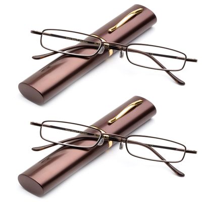 2 Packs Pocket Readers Ultra Slim Compact Reading Glasses Spring Temple w/Portable Pocket Clip Aluminum Case Brown +1.50