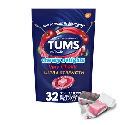TUMS Chewy Delights Ultra Strength Antacid Soft Chews for Chewable Heartburn Relief and Acid Indigestion Relief, Very Cherry - 32 Count