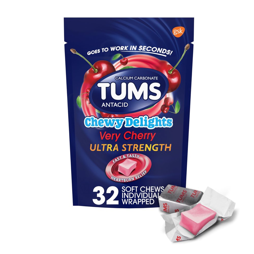 TUMS Chewy Delights Ultra Strength Antacid Soft Chews for Chewable Heartburn Relief and Acid Indigestion Relief, Very Cherry - 32 Count