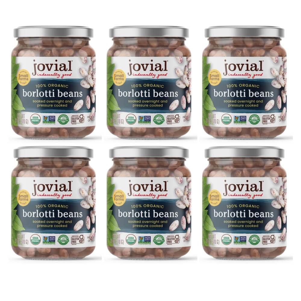 Jovial 100% Organic Borlotti - Borlotti, Organic Borlotti, No Saturated Fat, Gluten Free, Recyclable Glass, Great Source of Fiber, No Additives or Preservatives, Product of Italy - 13 Oz, 6 Pack