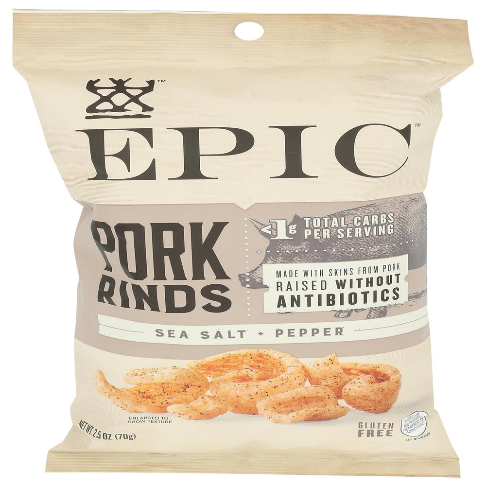 EPIC Sea Salt & Pepper Pork Rinds, Keto Consumer Friendly, 2.5oz