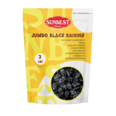 Sunbest Natural Jumbo Black Raisins, 3 lbs  Naturally Sweet Dried Fruit  California Dried Grapes for Trail Mix, Salads & Snacking  Non-GMO, Vegan & Kosher (48 oz)