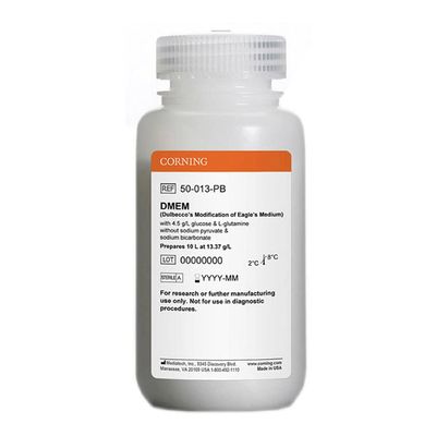 Mediatech 50-013-PB Dulbecco's Modification of Eagle's Medium, Powder, 4.5 g/L Glucose and L-glutamine, Without Sodium Bicarbonate and Sodium Pyruvate, 10 L