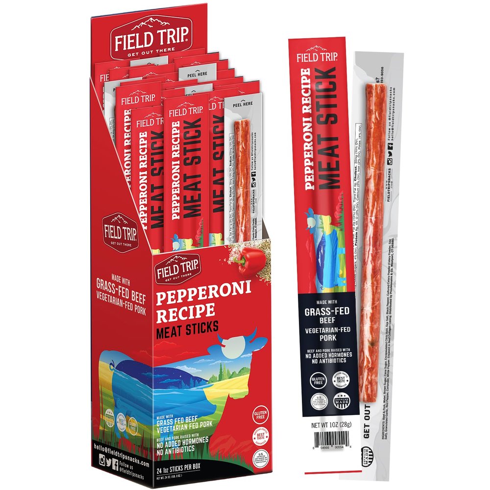 Field Trip Grass Fed Pepperoni Jerky Snack Sticks, Keto, Paleo, Gluten Free, Allergy Friendly Snack, High Protein, 100 Calorie Snack, 1oz, 24 Pack