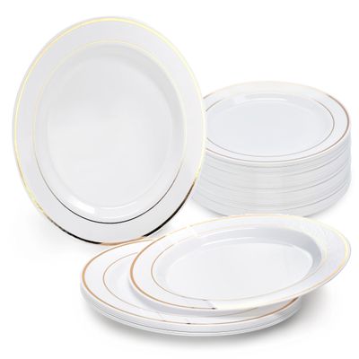 " OCCASIONS " 60 Plates Pack, Heavyweight Disposable Wedding Party Plastic Plates (9'' Luncheon Plate, White & Gold Rim)