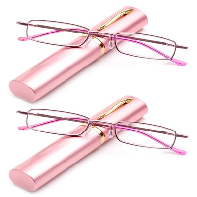 2 Packs Pocket Readers Ultra Slim Compact Reading Glasses Spring Temple w/Portable Pocket Clip Aluminum Case Pink +1.50