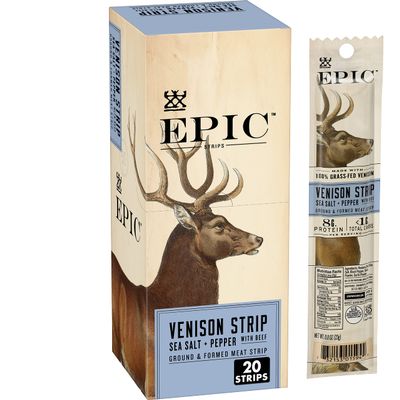 EPIC Venison Strips with Beef, Sea Salt and Pepper, Keto Friendly, Whole 30, Protein Snacks, 20 Ct, 16 oz
