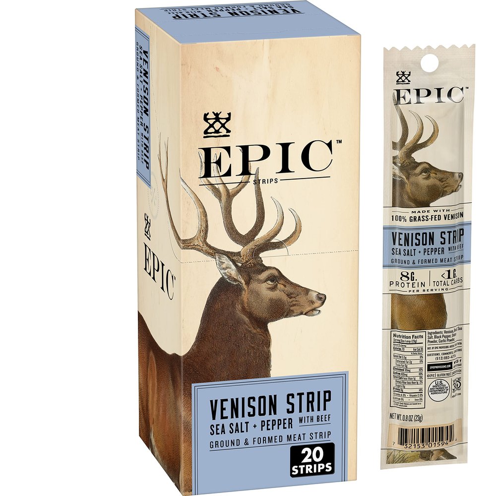 EPIC Venison Strips with Beef, Sea Salt and Pepper, Keto Friendly, Whole 30, Protein Snacks, 20 Ct, 16 oz