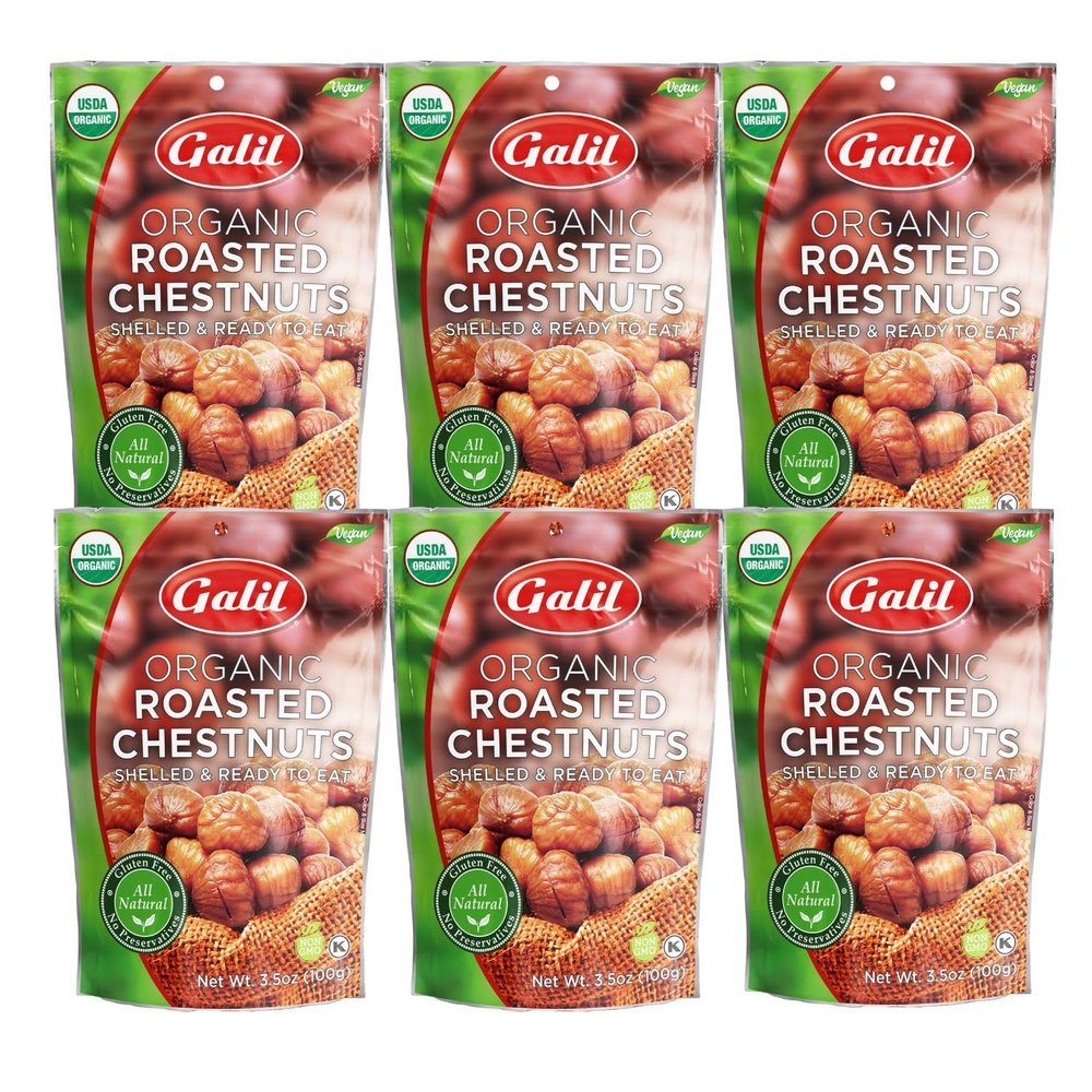 Galil Organic Roasted Chestnuts, Pack of 6, 3.5 oz Bags, Shelled Chestnut, Chestnuts Roasted Peeled