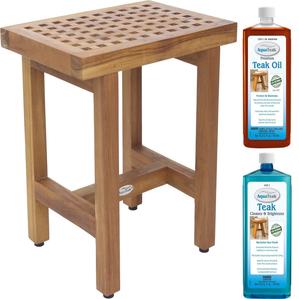 AquaTeak Patented 18" Grate Lotus Teak Shower Bench & AquaTeak Two-Step Care Kit