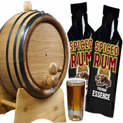 Spiced Rum Making Kit (5 Liter) - 1 Gallon Oak Aging Barrel with 5 Spiced Rum Essences, Wood Stand, Bung, Spigot and Care Kit
