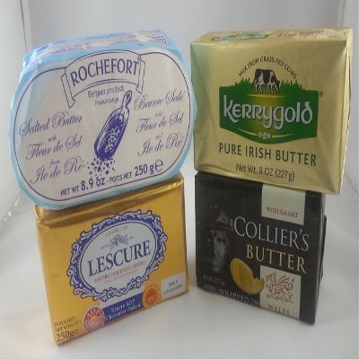 European Butter Set. (4 butters). Kerrygold Irish (8 oz), Rochefort Belgian (8.9 oz), Lescure French (8.9 oz), Collier's Wales (8 oz)