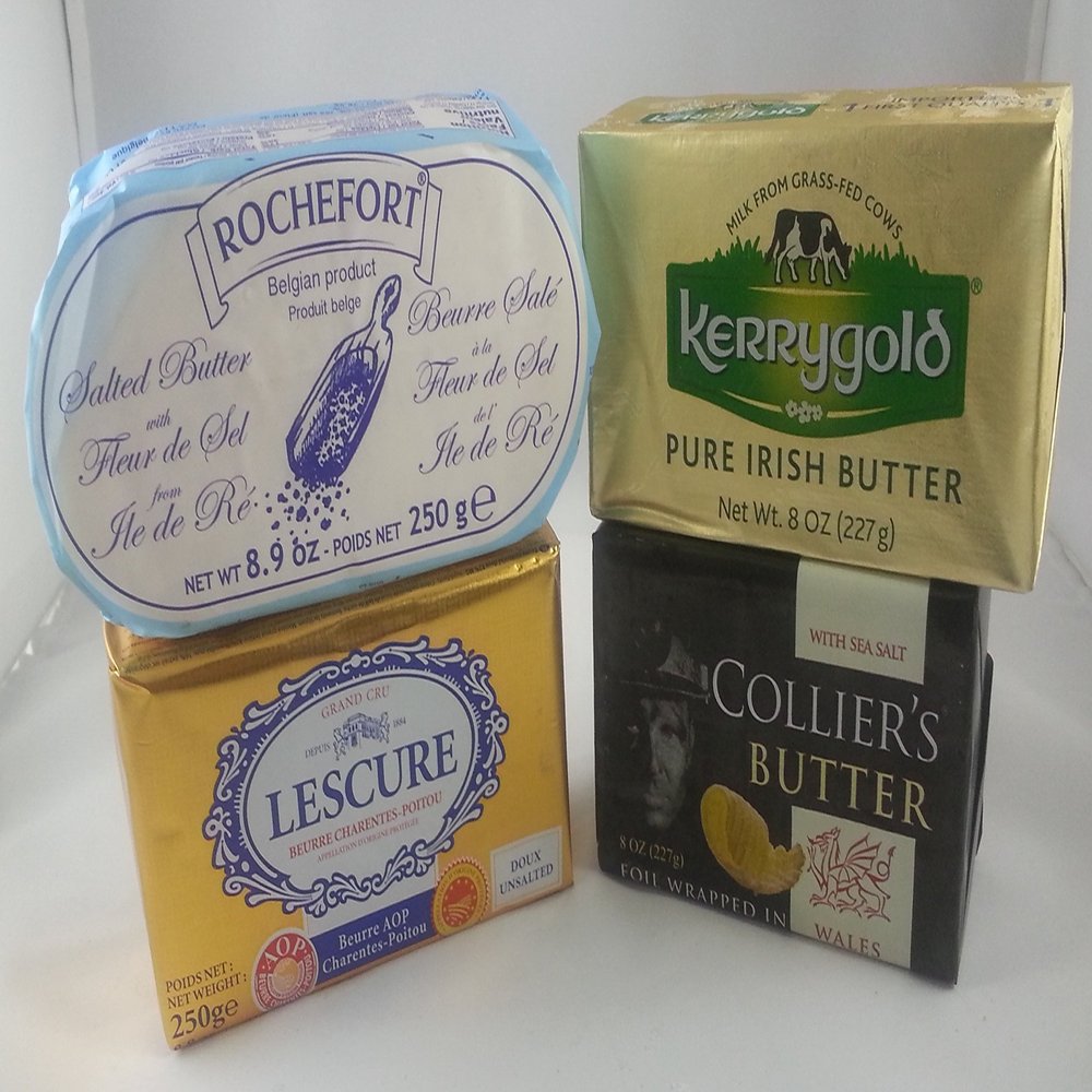 European Butter Set. (4 butters). Kerrygold Irish (8 oz), Rochefort Belgian (8.9 oz), Lescure French (8.9 oz), Collier's Wales (8 oz)