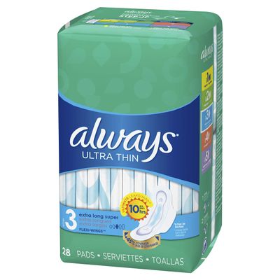 Always Ultra Thin Size 3 Extra Long Super Pads With Wings Unscented, 28 Count
