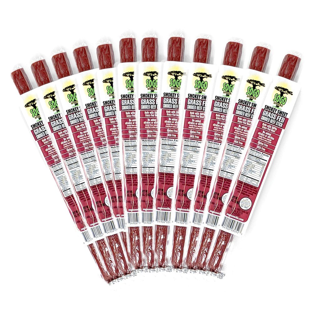 Sogo Snacks Smokey Sweet 100% Grass Fed Beef Sticks, Non-GMO, No Nitrates, Gluten Free, Soy Free and Dairy Free, No Nuts or MSG, Paleo & Keto Snack, 12 Count