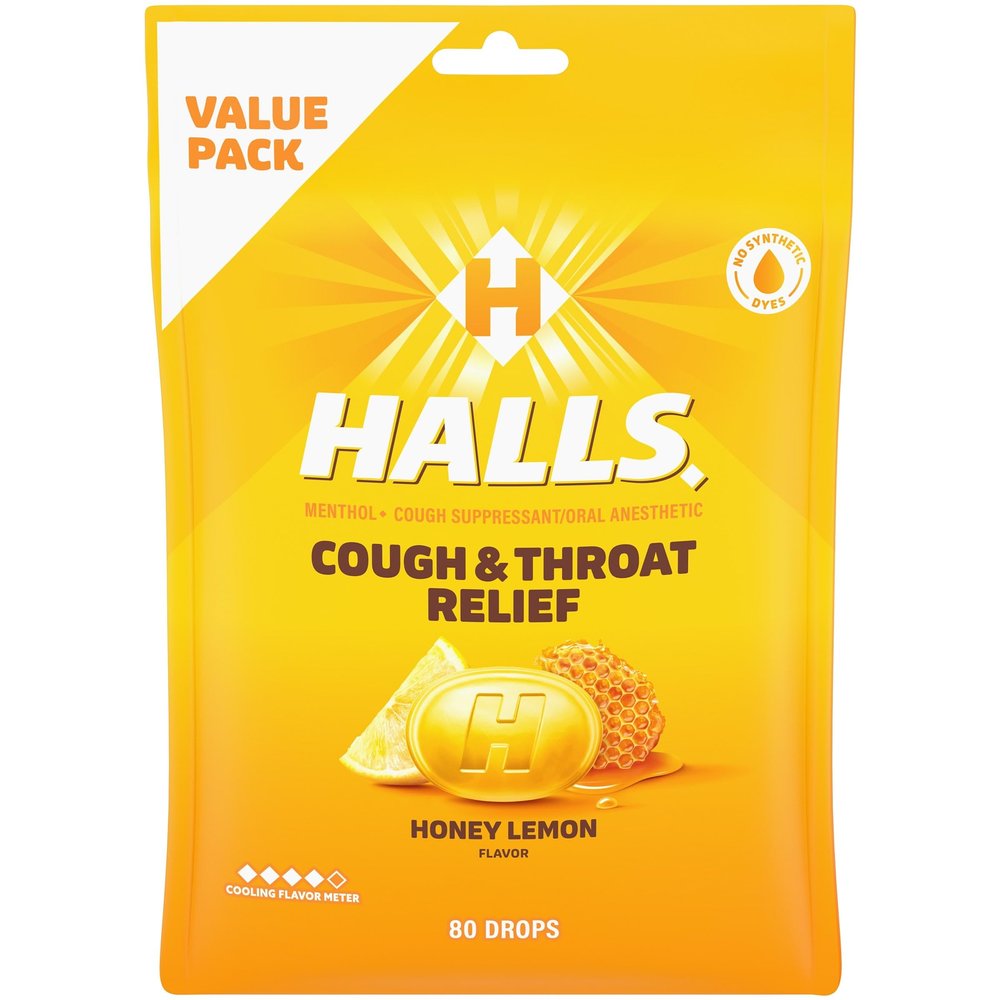 HALLS Relief Honey Lemon Cough Drops, Economy Pack, 80 Drops