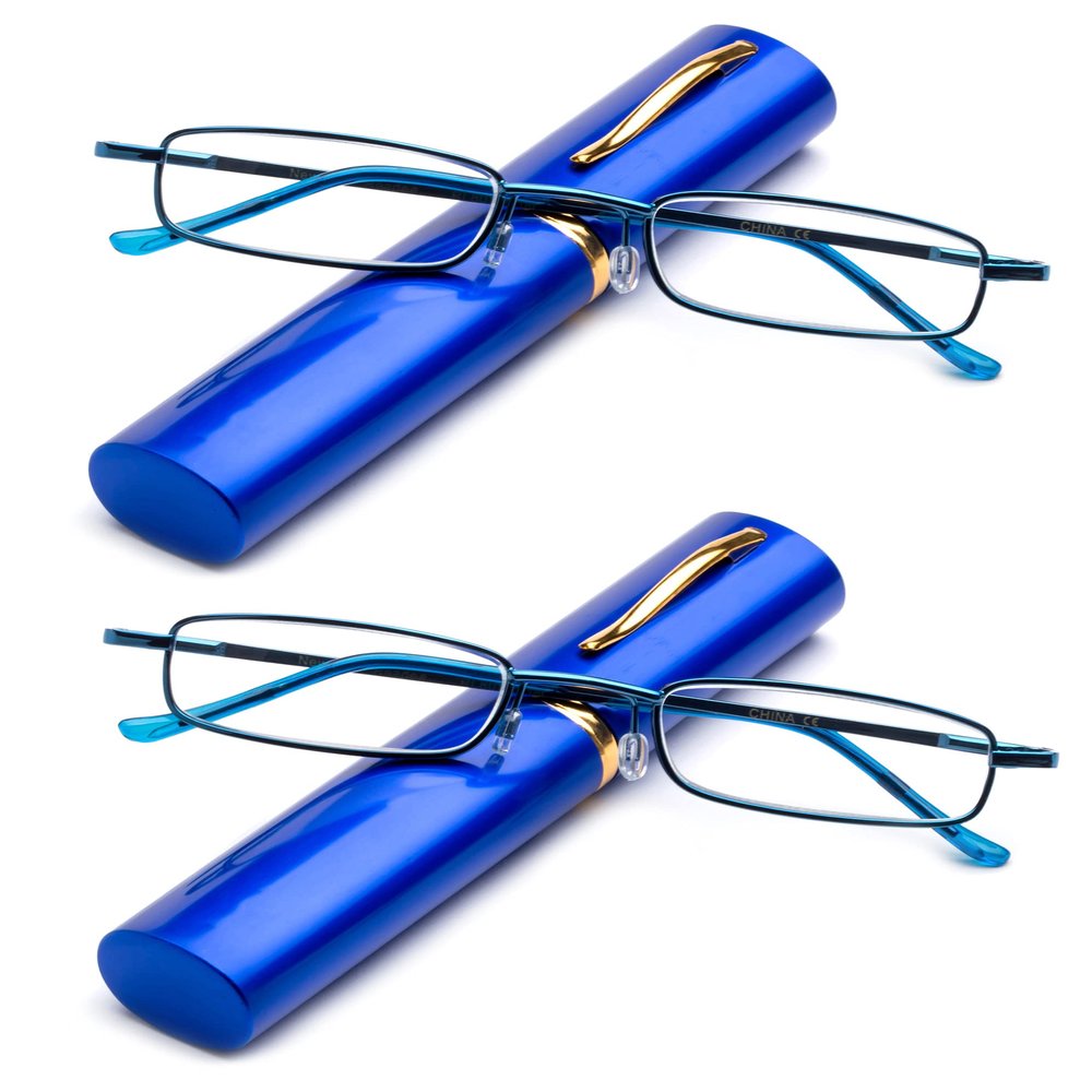 2 Packs Pocket Readers Ultra Slim Compact Reading Glasses Spring Temple w/Portable Pocket Clip Aluminum Case Blue +1.25