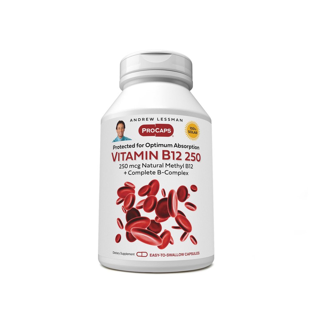 ANDREW LESSMAN Vitamin B12 250 360 Capsules - Absorption-Protected Methylcobalamin (Natural Coenzyme Vitamin B12), Essential for Energy and Stress Support, Plus B-Complex, Easy to Swallow Capsules