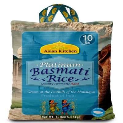 Asian Kitchen Platinum White Basmati Rice Extra Long Aged 10lbs (4.54kg) ~ All Natural | Gluten Friendly | Vegan | Indian Origin | Export Quality