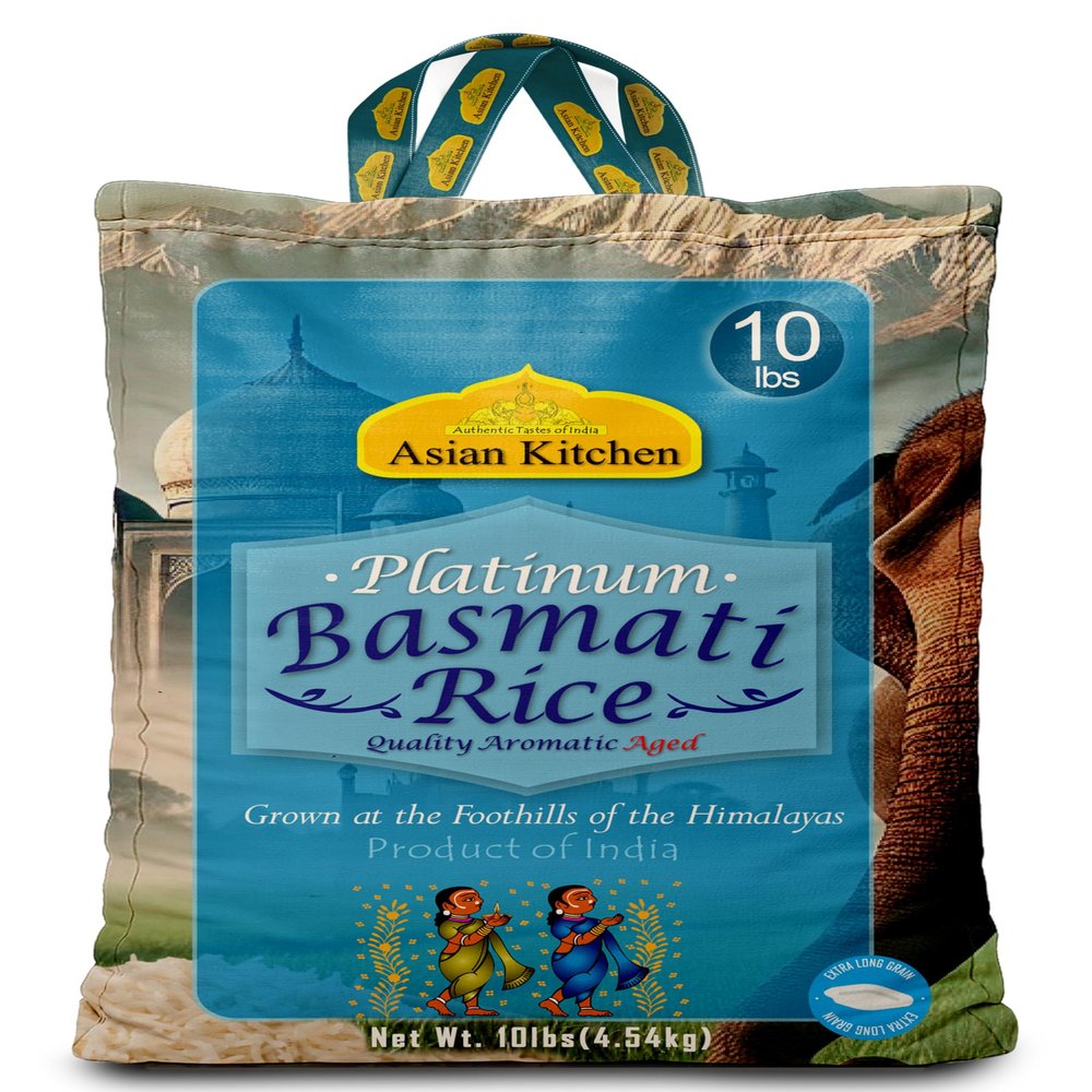 Asian Kitchen Platinum White Basmati Rice Extra Long Aged 10lbs (4.54kg) ~ All Natural | Gluten Friendly | Vegan | Indian Origin | Export Quality