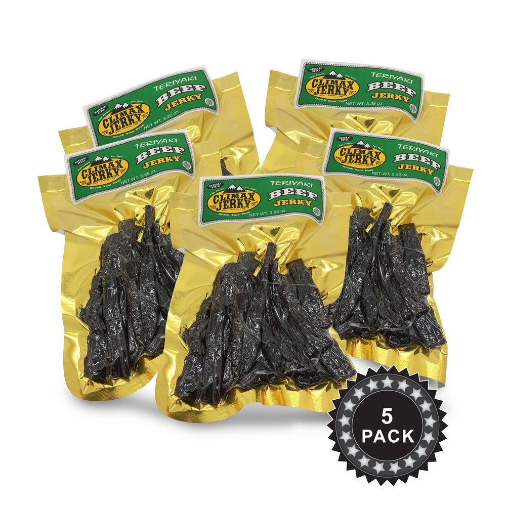 BEST Natural Style Thick Strips 3.25 OZ. Mild Smokey Flavor Beef Jerky - No Preservatives High Protein Low Carbs - Kids Favorite by Climax Jerky - Buy Multiple Packs & Save! (Teriyaki 5 Pack)