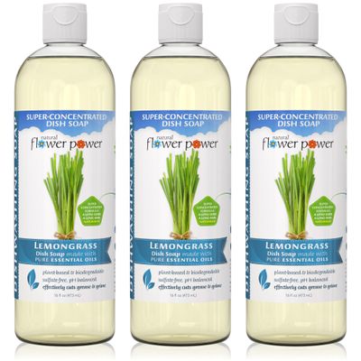 Natural Flower Power Liquid Dish Soap Lemongrass Plant-Based & Scented w/ Pure Essential Oils Natural Liquid Dishwashing Detergent Sulfate-Free Gentle Kitchen Soap Vegan (16 Fl Oz 3 Pack)