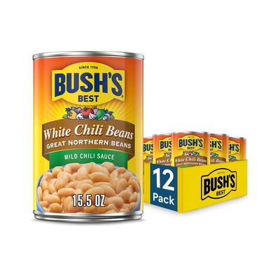 BUSH'S BEST 15.5 oz Canned White Chili Bean Mild, Source of Plant Based Protein and Fiber, Low Fat, Gluten Free, (Pack of 12), Made with Northern Beans