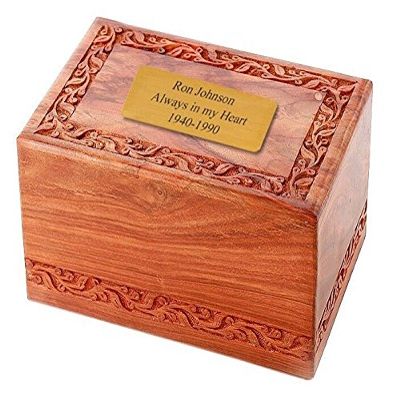 Solid Rosewood Border Engraving Handcarved Wood Urn with Custom Engraved 2x4 Brass Plate - Large, Cremation Urn, Wooden Urn
