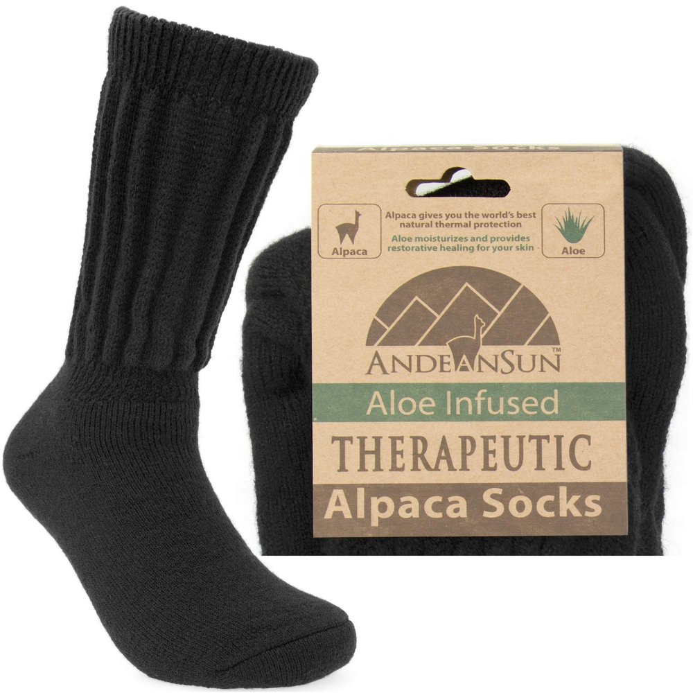 Caring Warm Therapeutic Alpaca Socks for Poor Circulation - Non Irritating Smooth Seam (Black Crew - Medium)