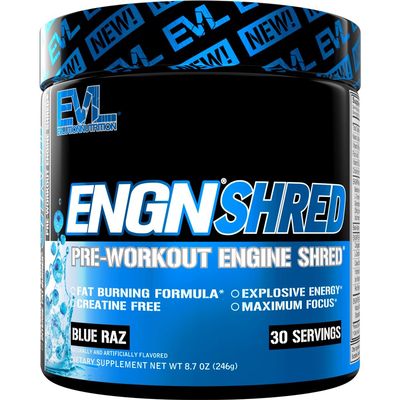 EVL Ultimate Pre Workout Powder - Thermogenic Fat Burn Support Preworkout Powder Drink for Lasting Energy Focus and Stamina - ENGN Shred Intense Creatine Free Preworkout Drink Mix - Blue Raz
