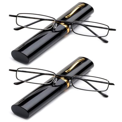 2 Packs Pocket Readers Ultra Compact Spring Temple Reading Glasses w/Portable Pocket Clip Aluminum Case Black +1.75