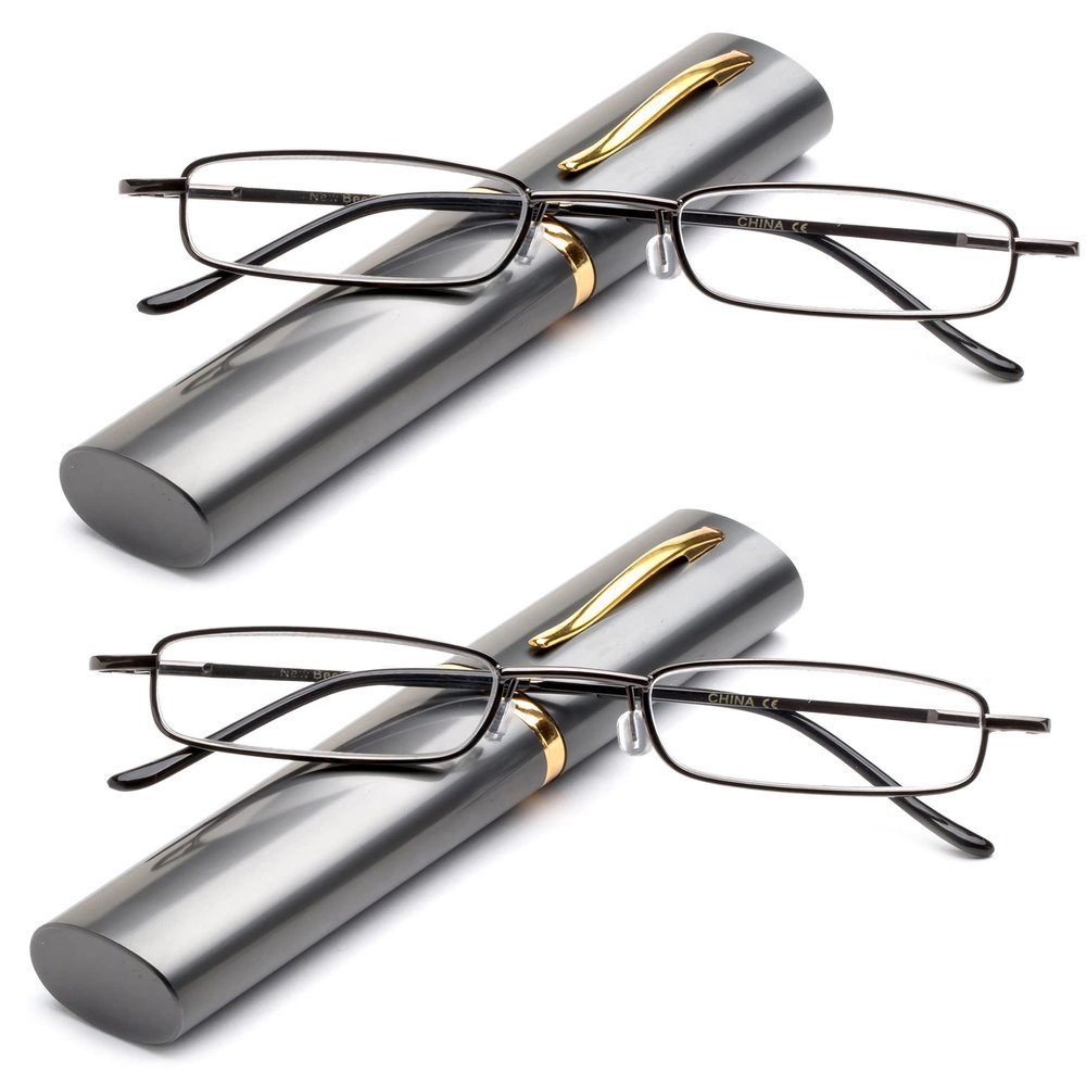 2 Packs "Pocket" Readers Ultra Compact Spring Temple Reading Glasses w/Portable Pocket Clip Aluminum Case Gunmetal +2.50