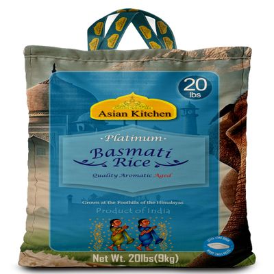 Asian Kitchen Platinum White Basmati Rice Extra Long Aged 20lbs (9.08kg) ~ All Natural | Gluten Friendly | Vegan | Indian Origin | Export Quality