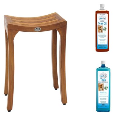 AquaTeak Patented 18" Asia Curve Teak Shower Bench Two-Step Care Kit