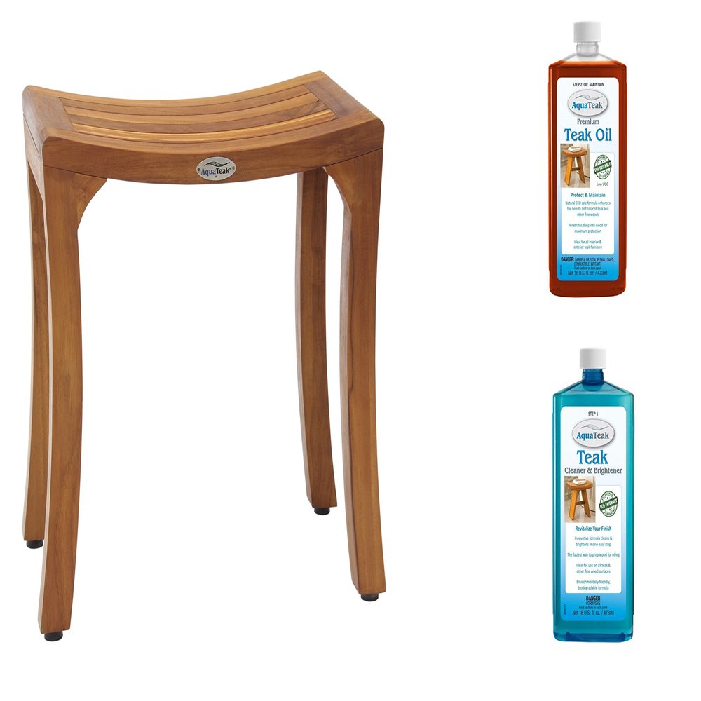 AquaTeak Patented 18" Asia Curve Teak Shower Bench Two-Step Care Kit