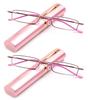 2 Packs Pocket Readers Ultra Slim Compact Reading Glasses Spring Temple w/Portable Pocket Clip Aluminum Case Pink +2.00 view 1