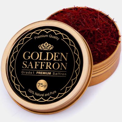 Golden Saffron, Finest Pure Premium All Red Saffron Threads, Grade A+ Super Negin, Non-GMO Verified. For Tea, Paella, Rice, Desserts, Golden Milk and Risotto (75.0 Grams)