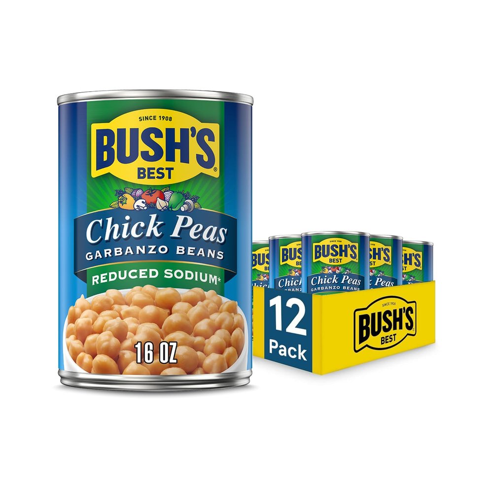 BUSH'S BEST 16 oz Canned Reduced Sodium Garbanzo Beans, Source of Plant Based Protein and Fiber, Low Fat, Gluten Free, (Pack of 12)