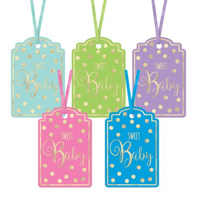 Amscan Baby Shower Tags, Baby Shower Foil Stamp Tags - Neutral, Party Supplies, Multicolor, 3" x 2", 25ct