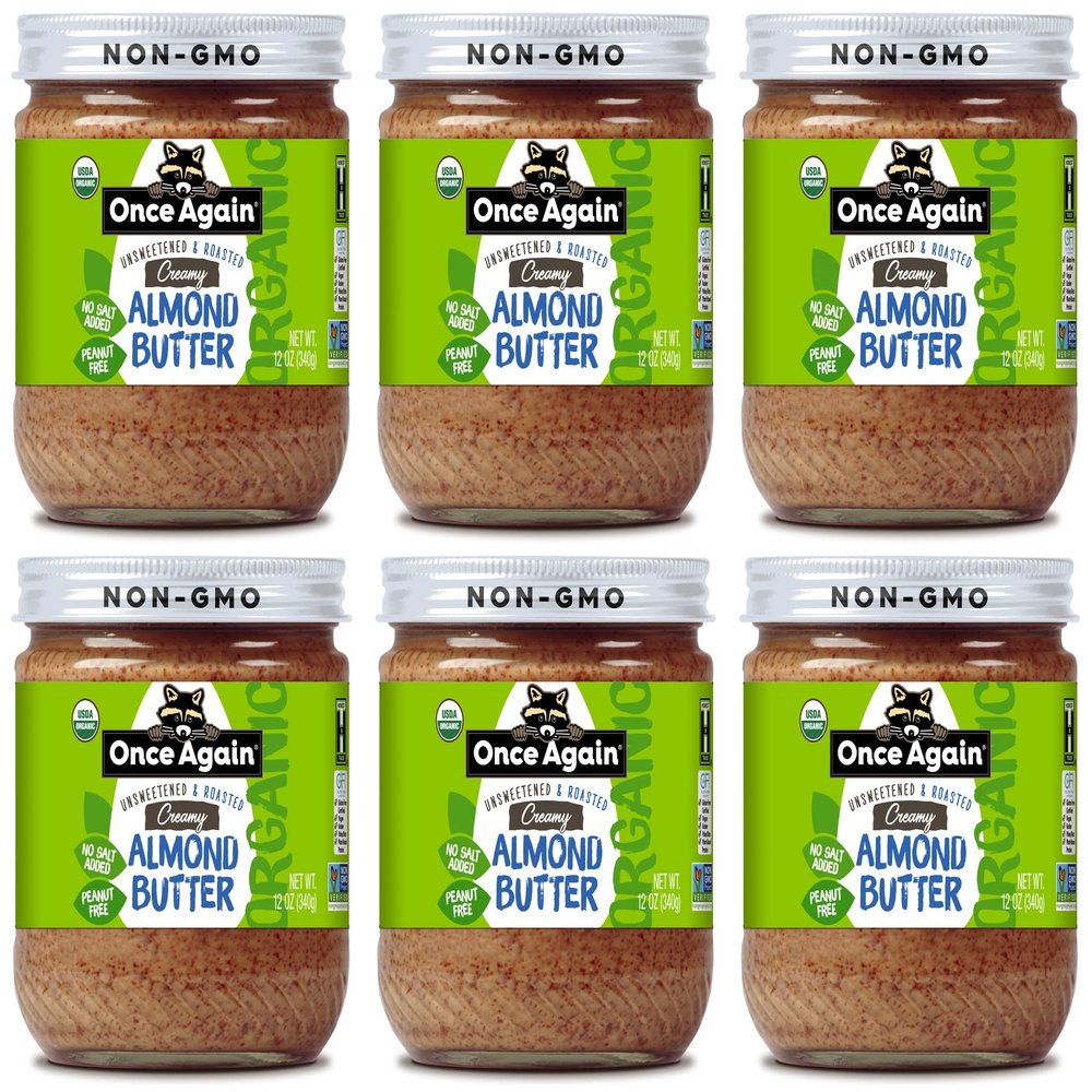 Once Again Organic Creamy Almond Butter, 12oz - Roasted - Salt Free, Unsweetened - USDA Organic, Gluten Free Certified, Peanut Free, Vegan, Kosher, Paleo - Glass Jar - 6 Pack