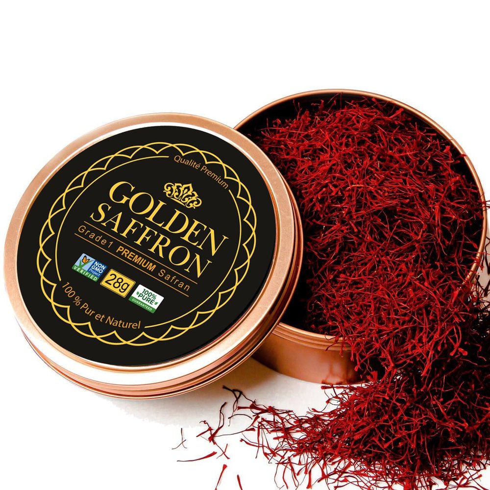 Golden Saffron, Finest Pure Premium All Red Saffron Threads, Grade A+ Super Negin, Non-GMO Verified. For Tea, Paella, Rice, Desserts, Golden Milk and Risotto (28.0 Grams)