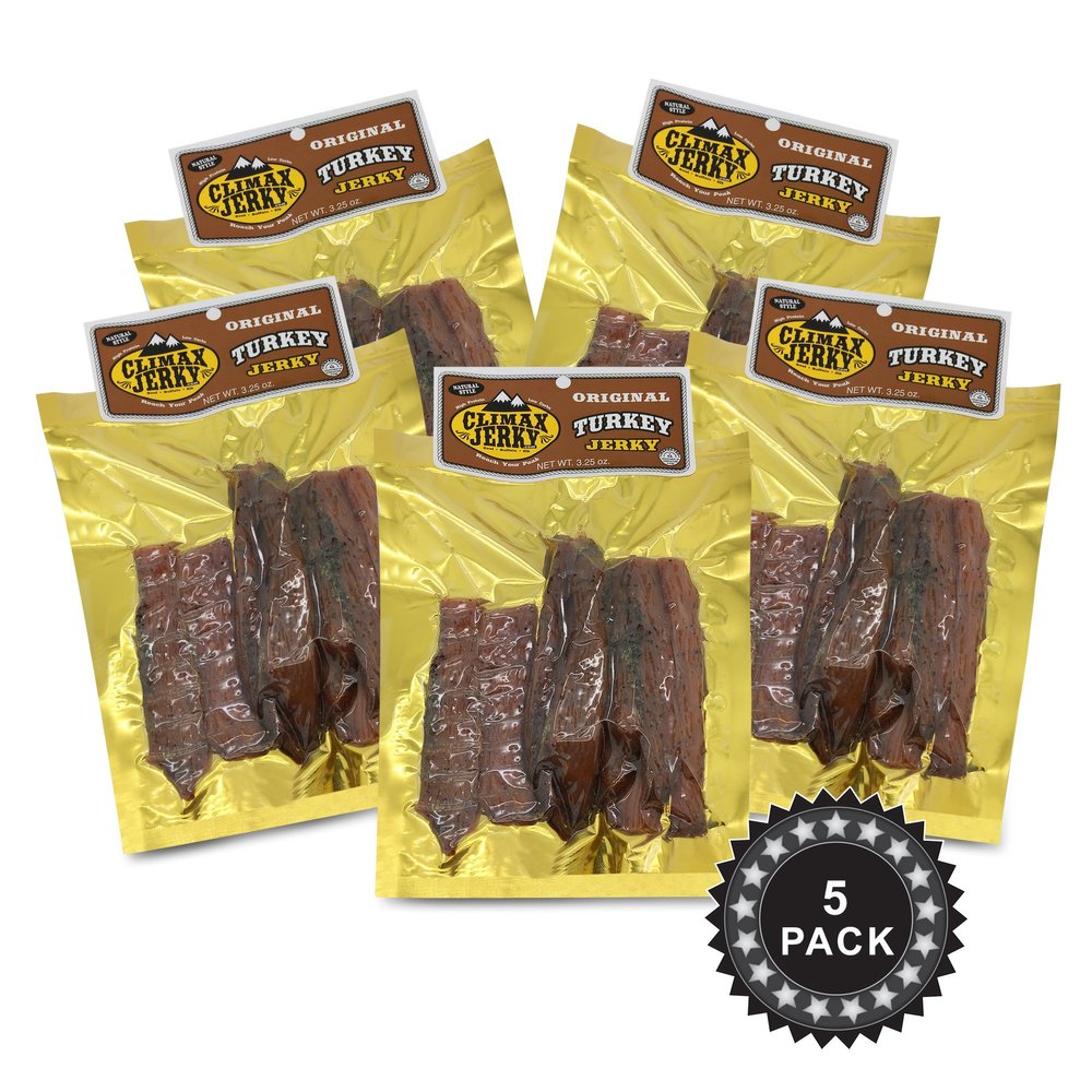 Climax Jerky BEST All Natural 3.25 OZ. Smoked Turkey Jerky Tender and Juicy - No Preservatives - High Protein - Low Carbs (Smoked Turkey, Smoked Turkey 5 Pack)