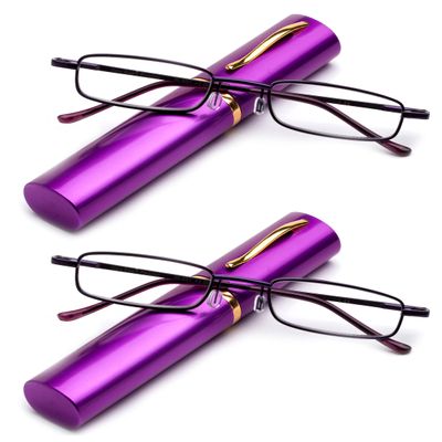 2 Packs Pocket Readers Ultra Slim Compact Tube Reading Glasses in Purple +3.50