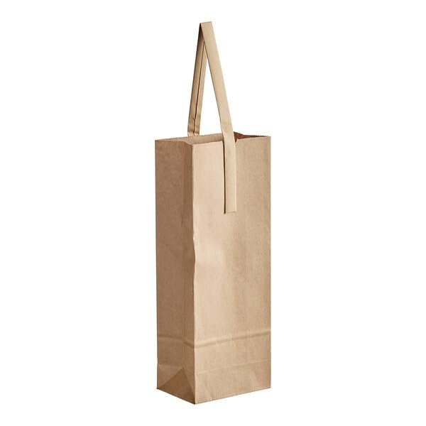 A1 Bakery Supplies 5" x 12 1/2" 1 Bottle Customizable Paper Wine Bag with Handle 25 pacK Brown Kraft Natural Gussett Paper Bags Pint Size Liquor Wine Paper Bags Sub Paper Bag