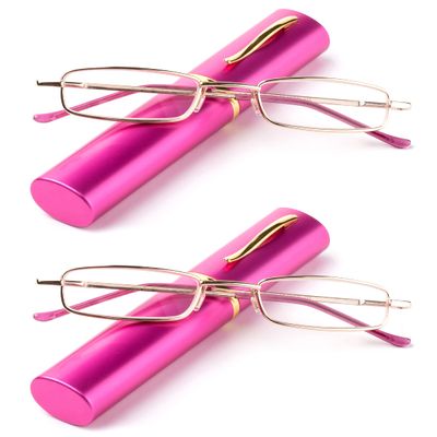 2 Packs Nebee Fashion Pocket Readers Ultra Slim Compact Reading Glasses Spring Temple w/Portable Nebee Fashion Pocket Clip Aluminum Case Pink +1.75