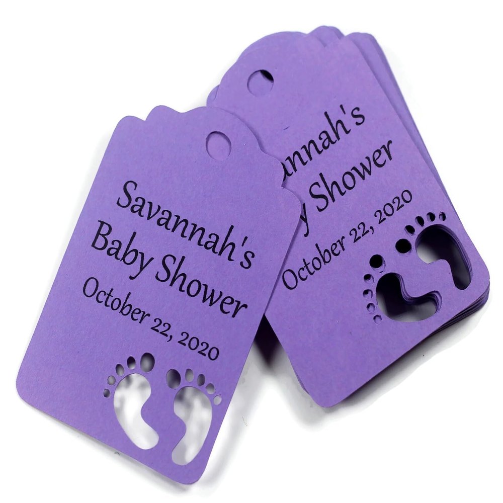 Custom Baby Shower Tags with Baby Feet Cut Out - 12 pc (Purple)