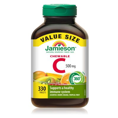 Jamieson Chewable Vitamin-C 500mg Value Supplement Pack(330 Count), Mixed 3 Flavors