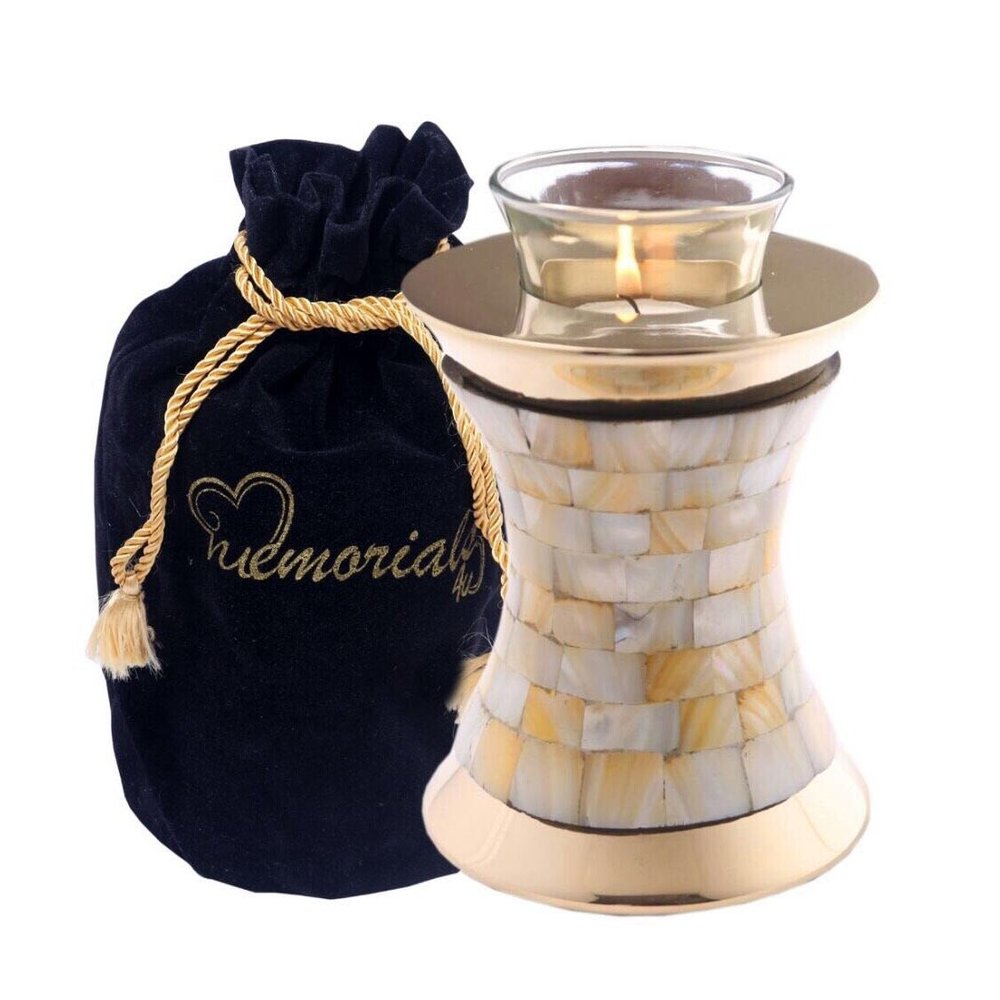 MEMORIALS 4U Mother of Pearl Tealight Urn - Keepsake Urn for Ashes - Small Size Candle Urn- NOT Intended for Full Cremation Ash Quantity