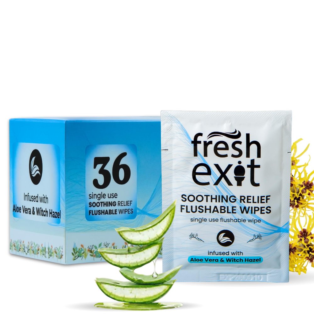 FreshExit Flushable Hemorrhoid Wipes 36 Count Individually Wrapped with Witch Hazel & Aloe Vera, Large Discreet Travel Wipes for Adults, Soothing & Gentle on Skin